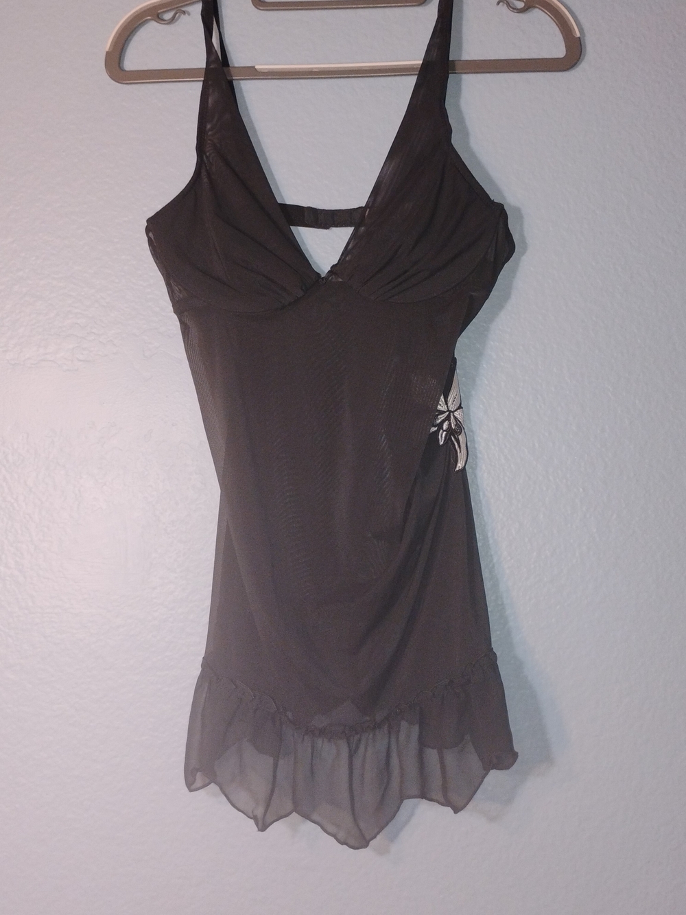 Victoria's Secret Black Sheer Chemise with Floral Accent Vintage 2004